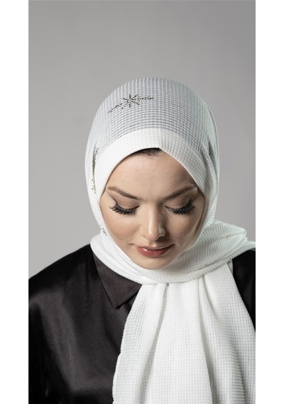 Hürrem Bone Beyaz Pratik Hazır Geçmeli Tesettür Şal Örme Kumaş Taşlı Yıldız Desenli 2118y 42
