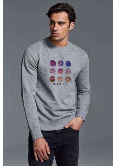 K Pop Wings Music Koreli Muzik Baskılı Gri Erkek Sweatshirt
