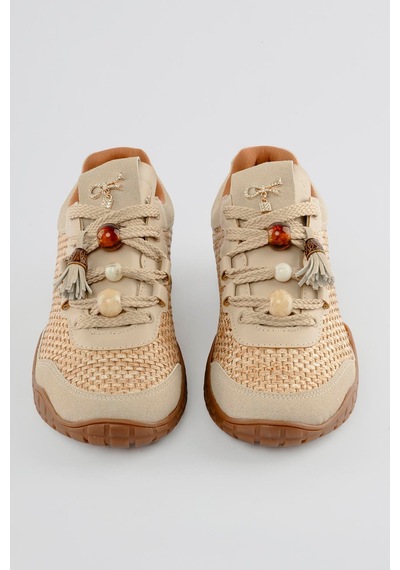 Mubiano Kadın Hasır Sneaker Süet Detaylı Boncuklu Calla Bej Bej