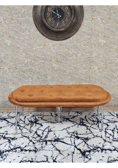 Zafir Ufo Oturak Bench - Krom Kaplama Telli Ayak - Oturak - Bench - Puf - Yatak Ucu Pufu Turuncu