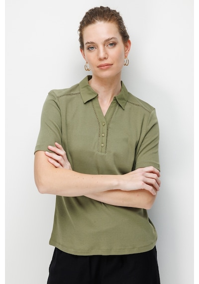 Kadın Polo Yaka İğne İşlemeli Pamuklu Penye T-shirt Haki Haki