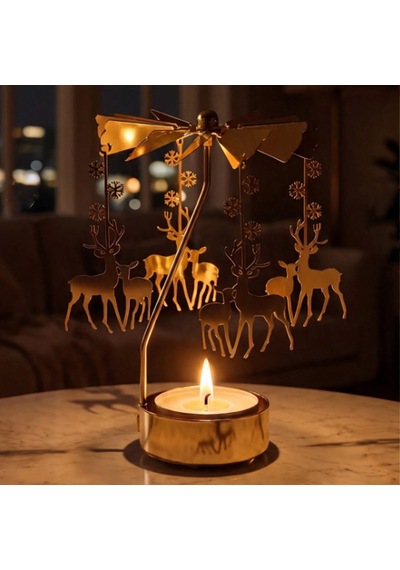 Döner Mumluk Yılbaşı Süsü Geyik Ve Kar Tanesi Dekoratif Tealight Mumluk