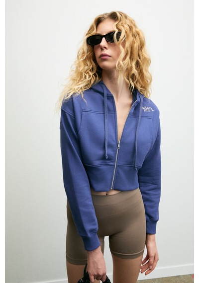 Grımelange Elara Kadın Metal Fermuarlı Nakışlı Kapüşonlu Crop İndigo Sweatshirt İndigo