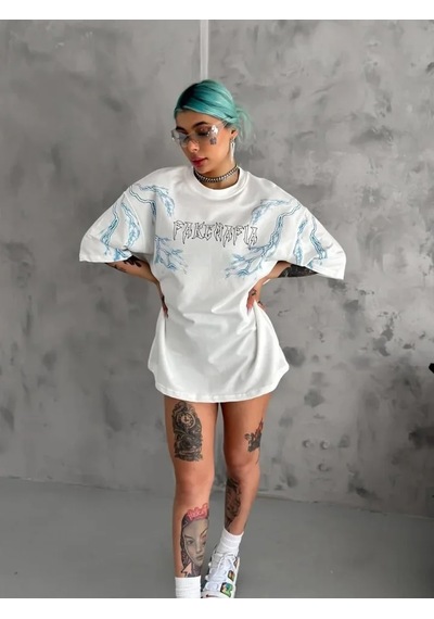 Aesco Unisex Bisiklet Yaka Baskılı Oversize T-shirt - Beyaz Beyaz