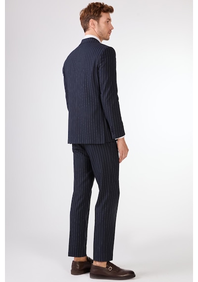 Dufy Lacivert Çizgili Kruvaze Slim Fit Takım Elbise Lacivert Dufy Lacivert Çizgili Kruvaze Slim Fit Takım Elbise Lacivert