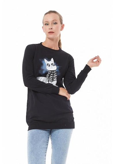Kedi Baskılı Sıfır Yaka Siyah Kadın Sweatshirt-xl Siyah