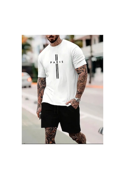 Medinenur Paris Baskılı T-shirt Short Bol Paça Rahat Kalıp Siyah Alt Siyah Üst Short Takım Beyaz
