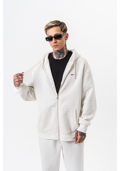 Erkek Respire Yazı Detaylı Kapüşonlu Basic Zip Oversize Hoodie Ekru