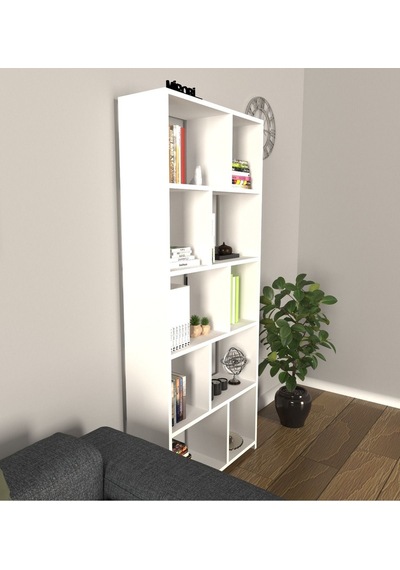 Cordoba 5 Raflı 10 Bölmeli Kitaplık Dekoratif Modern Kitaplık, Beyaz