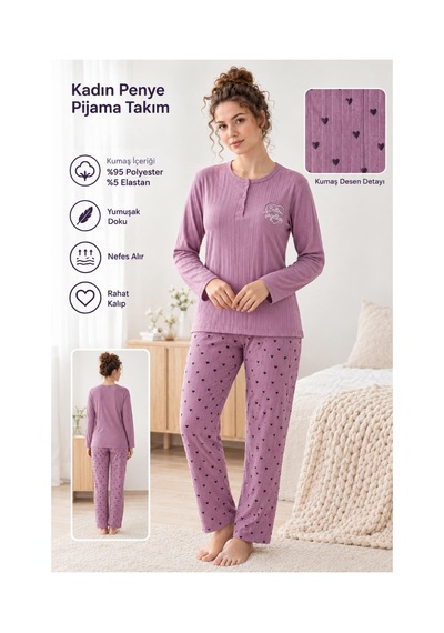 Boyraz Lindros Kadın Düğme Yaka Raporlu İnterlok Kışlık Pijama Takımı 02787 - 1 Adet Mor