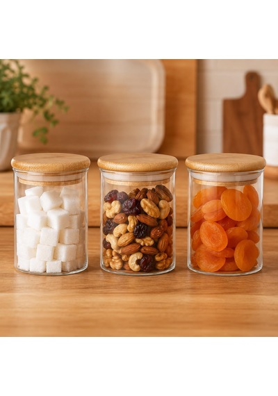 3'lü 300 Ml Bambu Kapaklı Cam Kavanoz Seti, Silikon Contalı Şeffaf Baharatlık Ve Saklama Kabı, Çay Kahve Şeker Baharat Kuruyemiş Kavanozu Çok Renkli
