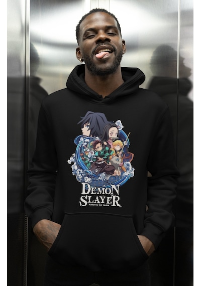 Sevbano Demon Slayer Kimetsu No Yaiba Baskılı Unisex Oversize Anime Hoodi Siyah
