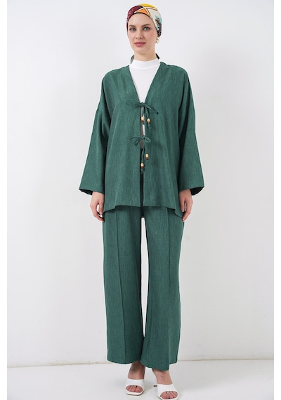 Bigdart Kadın Keten Kimono İkili Takım 6727 - Zümrüt Yeşili