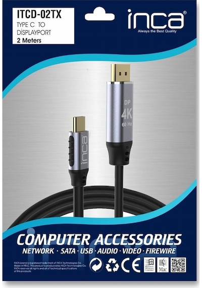 Inca Itcd-02tx Type-c To Display Port Altın Uçlu 4k Kablo 2 Mt