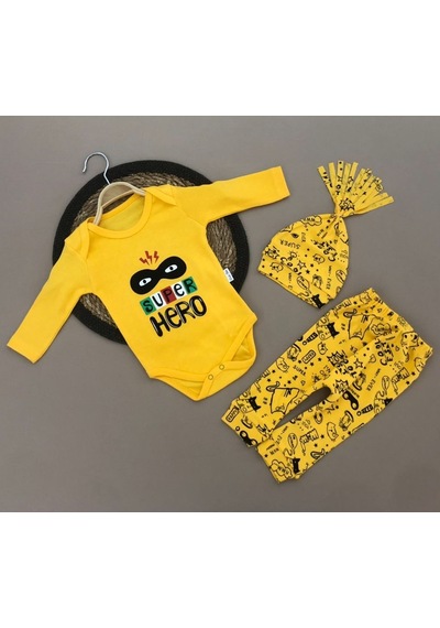 Mnk Baby & Kids Super Hero Kukuleta Şapkalı Badili 3lü Bebek Takımı Sari