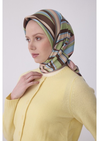 Geometrik Desen İpek Twill Eşarp T 4311 Pudra-Kahve
