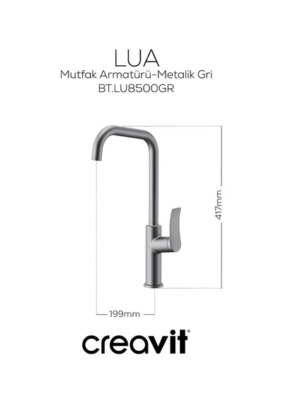 Creavit Lua Metalik Lavabo Banyo Eviye Bataryası 3'lü Set LU1500GR-LU2500GR-LU8500GR Gri