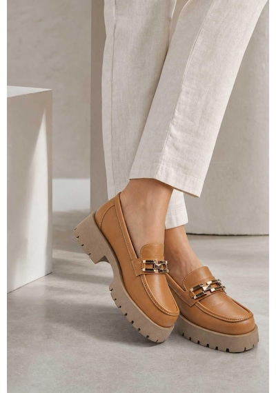 Zinnia Hakiki Taba Kalın Tabanlı Tokalı Kadın Loafer Ayakkabı