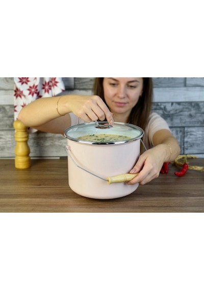 İtalyan Emaye Yoğurt Tenceresi Emaye Bakraç 20cm 5,25 Lt Pembe Renkli