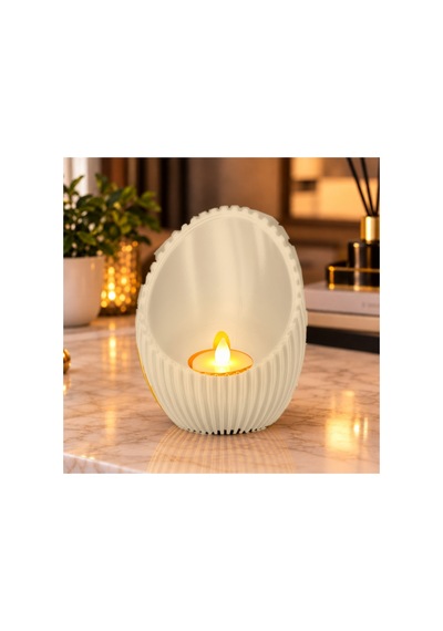 Dekoratif Oluklu Yumurta Formlu Tealight Mumluk Ve Masaüstü Düzenleyici 10x5 Cm - Krem
