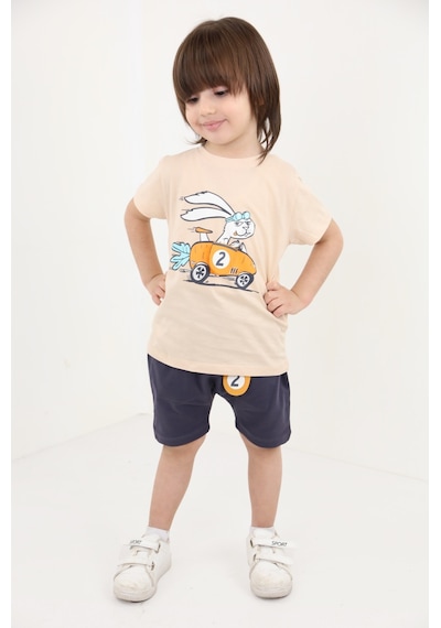Toontoy Kids Toontoy Erkek Bebek Baskılı Şortlu Takım Bej