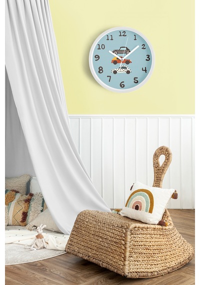 Arabalı Çocuk Odası Modern Duvar Saati - 25cm - Önü Camlı Beyaz Kasa - Sessiz Mekanizma-jh0527 Beyaz