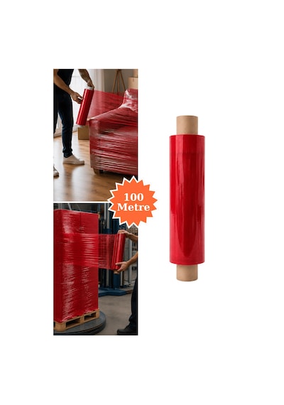 El Tipi Kırmızı Streç Film Mobilya Eşya Koli Palet Paket Taşıma Sarma Koruma 40 Cm X 100 M 23 Mikron