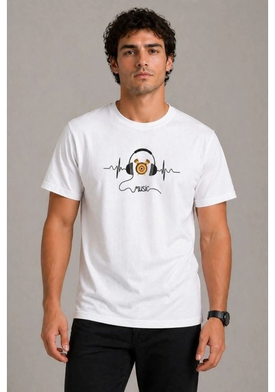 Erkek Müzik Temalı Baskılı Tişört Bisiklet Yaka Kısa Kol T-shirt - Beyaz