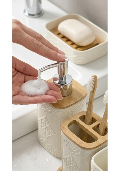 Makri Home 7 Parça Desenli Kare Bambu Kapaklı Beyaz Banyo Seti, Hacim: 8 Litre Beyaz