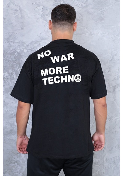 Technomonkey Unisex Siyah Oversize No War More Techno Baskılı Tişört