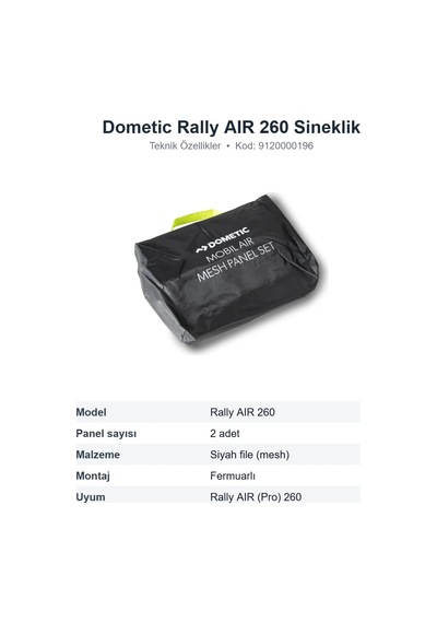 Dometic Rally Aır 260 Şişme Ön Çadır Sineklik Panel Seti, 2 Parça 9120000196