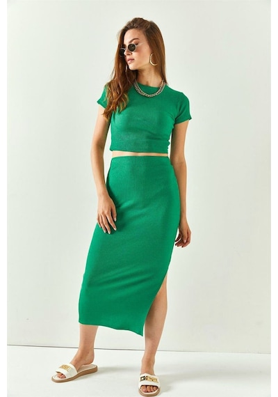 Trend Alisse Kadın Mint Yeşili Yazlık Yırtmaçlı Esnek Etek Crop Takım