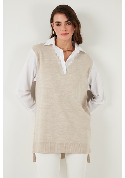 Lela Modest Standart Fit Gömlek Yaka Tesettür Triko Bayan Tunik 4612148 Bej