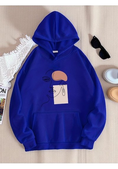 Uyguntarz Silüet Baskılı Oversize Sweatshirt Mavi