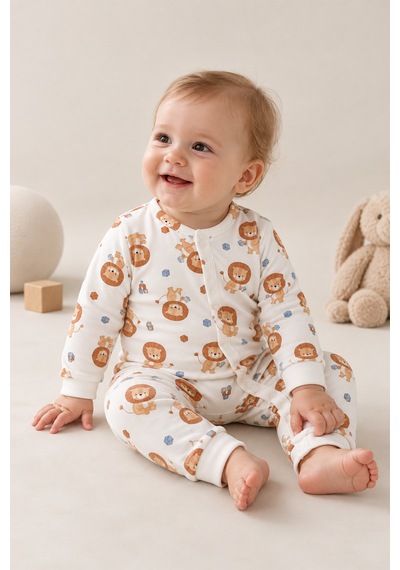 Luppinos Soft Dream Geniş Kalıp %100 Pamuk Aslan Baskılı Çıtçıtlı Tulum Beyaz