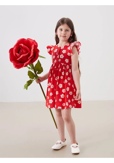 Lcw Kids Bisiklet Yaka Kız Çocuk Poplin Elbise Kırmızı Baskılı