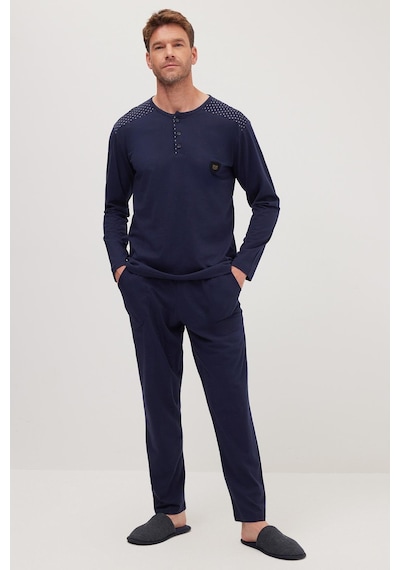 Tudors Erkek Standart Fit Normal Kesim %100 Pamuk Bisiklet Yaka Beli Lastikli Lacivert Pijama Takımı-37946 Lacivert