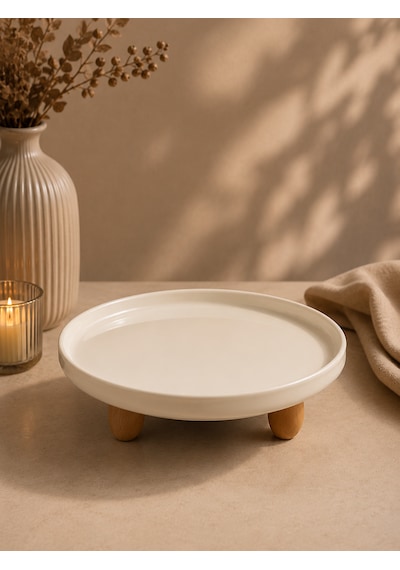 Ahşap Top Ayaklı Porselen Sunumluk İkramlık Kase Sunum Tabağı Organizer Düzenleyici Tabak 10 20cm Beyaz