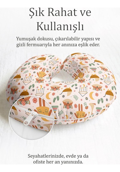 Sevimli Tilki Figürlü Pamuklu Boyun Yastığı - Pastel Sarı Yeşil Desenli Seyahat Yastığı Canlı Ayışığı Orman Yeşili