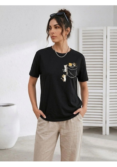 Wear Vexel Kadın Sevimli Kedi Cep Baskılı Tişört Kısa Kol Yazlık T-shirt - Siyah Siyah