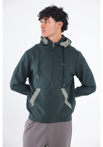 Rowinger Modal Kumaş Kapüşonlu Fermuarlı Kontrast Detaylı Erkek Sweatshirt Darkgreen