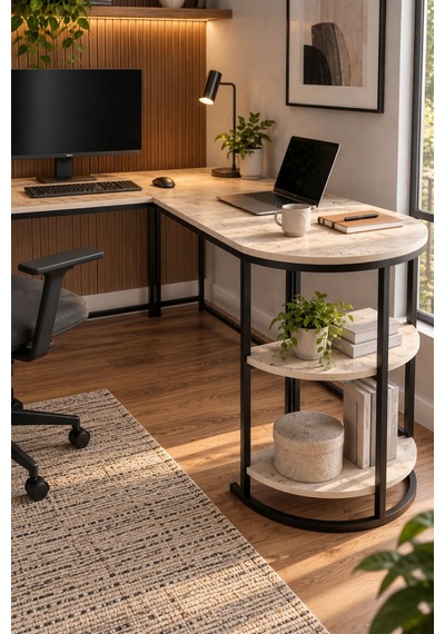 Sulorahome Tipi Köşe Çalışma Masası 2 Raflı Metal İskeletli Kahverengi Mermer Sulorahome Tipi Köşe Çalışma Masası 2 Raflı Metal İskeletli Kahverengi Mermer