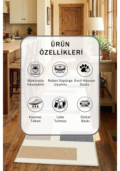 Bej Yıkanabilir Mutfak Halısı