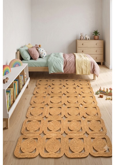 Jüt Hasır Kare Kilim Dekoratif Halı Yolluk Doğal Görünümlü Bohem Modern Ev Dekorasyonu Salon Oturma Mutfak Balkon Çocuk Odası 160kırçıllıhasır