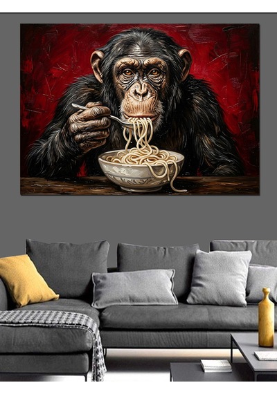 Spagetti Yiyen Komik Şempanze Tablosu Dekoratif Kanvas - Mdf Ahşap Tablo
