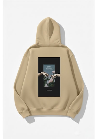 Uyguntarz Unisex Yumuşak Dokulu Live Baskılı Tasarım Oversize 3 İplik Hoodie Sweatshirt Bej