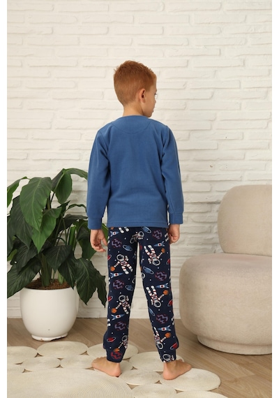 Yeni Stil Sonbahar/kış Erkek Çocuk Uzay Figür Astronot Desen Polar Pijama Takımı 4565 Mavi
