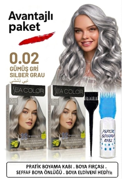 Sea Color Set Saç Boyası 0.02 Gümüş Gri 2 Li 2 Kutu+pratik Boya Kabı