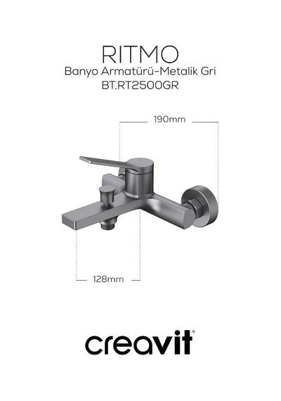 Creavit Ritmo Metalik Lavabo Banyo Eviye Bataryası 3'lü Set RT1500GR-RT2500GR-RT8500GR Gri