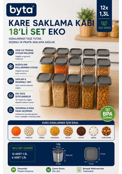 Eko 12'li Kare Erzak Saklama Kabı Seti 12x1,3 L Kapaklı Plastik Gıda Saklama Kabı Şeffaf Kiler Ve Mutfak Düzenleme Seti Şeffaf